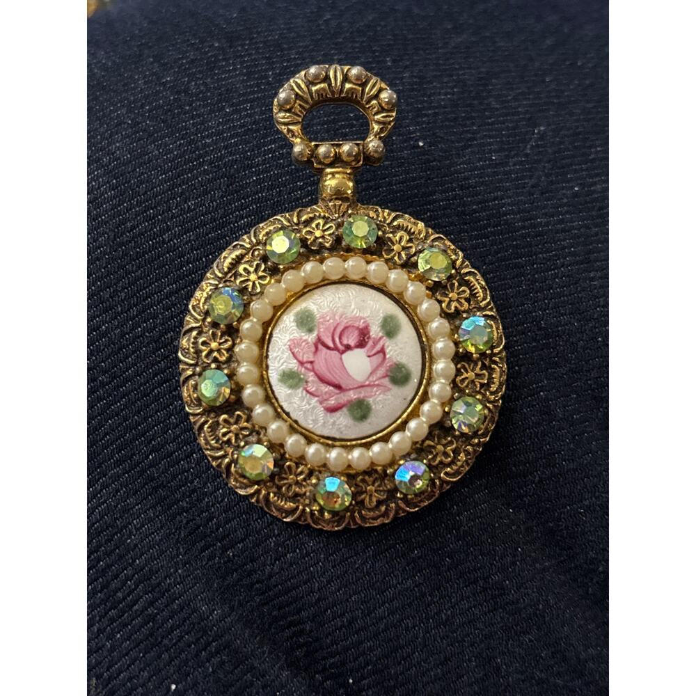 Vintage Florenza Enamel Rose Flower Green Crystal Faux Pearl Pocket Watch Brooch